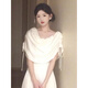ACJK French style gentle white moonlight swing collar dress feminine and beautiful waist waist banquet dress long skirt off-white L