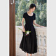 Vestiman Slim Vestido de manga corta en verano Nuevo francés Slim Hepburn Style Long Skirt Black M