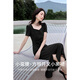 
Shangdubi La temperament square collar puff sleeve hem slit pinch pleated design dress for women in summer waist-hugging and slimming fishtail small black skirt