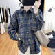 Gobanya lazy style velvet thickened plaid shirt for women retro simple casual loose lapel winter warm shirt jacket blue plus velvet L 90-110Jin Jin equals 0.5 kg