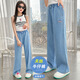 Kühle und niedliche kerne Mädchen Imitation Jeans Sommer dünne Kinderhosen mittelgroße Kinder mit breitem Bein gerader Eisseidenhose 689 gestickte Buchstaben Imitation Hosen 150 Größe empfohlen etwa 145 cm Höhe