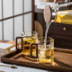 Lanyuan square high temperature resistant glass water cup set for home living room, high-looking walnut handle tea cup and drinking cup, wooden handle square cup 350ml high style 2 pieces