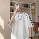 7 high-quality American striped sports T-shirts men's summer trendy brands high street handsome short-sleeved teen loose casual half-sleeved top CQS-1504 gray M