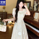 
ROMON French temperament square collar large size dress for women in summer 2025 new high-end style waist-hugging and slimming first love long skirt. Rattan flower light green [version good droop] L [105-115Jin [Jin equals about 0.5 kg]]