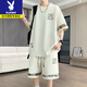 Playboy's new summer Chinese style fashion casual men's suit round neck short-sleeved T-shirt shorts two-piece set [short-sleeved suit] 6195 off-white XL (recommended 130-145Jin [Jin equals 0.5 kg])