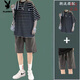Playboy Striped Kurzärmeranzug Herren Sommer lässig und gutaussehende Kleidung mit trendigen T-Shirt-Denim-Shorts zweiteiler Set 9226 Black + 147 Denim Shorts Black Grey S