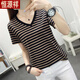 Hengyuanxiang Fat MM Vêtements pour femmes de grande taille Summer 2025 T-shirt à manches courtes en coton en V Lower Coton en V Couvrant le ventre à la mode Blue 838 L Recommandé 105-120Jin [Jin est égal à 0,5 kg]