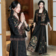 Pierre Cardin Neuer chinesischer Stil Tang Hanfu Verbesserte nationale Stil Jacquard Stickerei Tang Anzug Nationaler Retro Temperament Pferdsgesichtsrock Anzug Frauen 1098 Schwarzbrauner Hosenträger M.