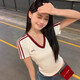 美式辣妹黄色v领正肩棉质短袖T恤女夏季运动风修身短款撞色上衣女 1047黄拼黑 L 【建议100-110斤】