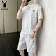 Playboy Casual Two-Tiefe Set Herren Sommereis Ice Seide Thin Sportswear Set Herren trendy T-Shirt Kurzarm Short/Hosen ein komplettes weißes Set [Kurzarm + Hosen] L (Empfohlen 115-135jin [Jin gleich 0,5 kg]))