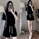 Hengyuanxiang Casual Sportswear Set für Frauen 2025 Sommer neuer Off-Shoulder-Kurzhülsen kleine Hochtülen-Shorts Zwei-teilige Set Black M [Vorgeschlagen 95-105jin [Jin entspricht 0,5 kg]]