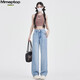 MMOPTOP Tennis Jeans for women in summer thin ice silk high waist slimming straight wide-leg pants MNVZK01 light blue XL