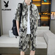 
Playboy (PLAYBOY) handsome shirt for men's summer ice silk suit design sense floral shirt short sleeve shorts beach two-piece set matching 679 white suit M 110Jin [Jin equals 0.5 kg]