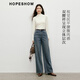 Red sleeve (hopeshow) loose slim jeans 2025 winter new women's retro washed white brushed warm wide-leg trousers denim blue 071 M