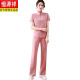 恒源祥妈M妈夏装冰丝运动服套装洋气中年老年女装休闲立领短袖t恤两件套 卡其6629 M 建议85斤以下