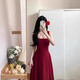 
Mu Ni red suspender dress Women's summer French U-neck waist dress skirt engagement clothes toast clothes to look slim red skirt Red long skirt [burgundy] M size