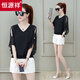 Hengyuanxiang short-sleeved chiffon shirt for women 2025 new fashionable belly-covering fashionable small shirt double v-neck bat shirt off-shoulder shirt black S (recommended 80-95 Jin [Jin equals 0.5 kg])