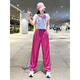 宿莱爵士舞服装女套装小个子2025款广场舞运动jazz跳舞夏季走秀演出服 玫红色潮酷亮面反光运动长裤6623 M