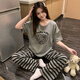 
Xiangyaxin short-sleeved trousers pure cotton pajamas for women in summer new casual and comfortable cartoon stripes for outdoor wear home clothes spring and autumn 826 cat M