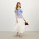 
Fan Silann can wear ruffled ruffles for two goddess-sensual slim short-sleeved shirt for women in summer 2025 new design top 2690 bright silk blue stripes M