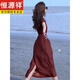 恒源祥法式复古气质V领连衣裙女2025夏季海边度假风收腰显瘦茶歇长裙子 酒红色 M