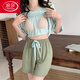 浪莎（LangSha）自带胸垫睡衣女夏季莫代尔纯色短袖短裤甜美夏天防凸点家居服套装 YNE-653 M