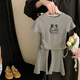 Yuan Pingying Girl Baby Mode Cartoon bedruckte Eisseide Zweiteiler Anzug Kindermodus Modeanzug runder Nackenkordelanzug Anzug Gray Girl G686 110