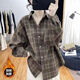 Gobanya lazy style velvet thickened plaid shirt for women retro simple casual loose lapel winter warm shirt jacket blue plus velvet L 90-110Jin Jin equals 0.5 kg