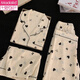 Modal green fresh pure cotton gauze pajamas for women in spring and summer short-sleeved student cute girl three-piece set home clothes Yunduo Cotton-9905# Black Love Three-piece Set M [Suggestion 75-100Jin [Jin equals 0.5 kg]]