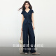 Xishi Sllsky Commuting Linen Lino V-Conta V Bandeo de patas anchas Conjunto de dos piezas 2025 Traje intelectual de verano Royal Blue L