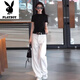 花花公子（PLAYBOY）时尚牛仔裤套装女2025夏季新款高腰显瘦百搭休闲直筒阔腿裤两件套 【蓝色上衣+白色裤子】-旗舰款 L _建议110-120斤