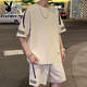 花花公子短袖t恤男士装夏季休闲青少年运动套装宽松半袖上衣服港风男装 10727/FKS653白色 XL 【建议130-150斤】