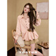 TUNTUN Autumn and Winter foldout, very recognizable, personalized pleated belt waist-cinching pink long-sleeved shirt top, rubber powder in stock S