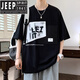 JEEP SPIRIT大码男装宽松短袖T恤高生夏季五分袖加肥加大圆领上衣服 D693款五分袖黑色 M (90-105斤)