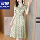 Romon (Romon) Mode gedruckte kurzärmelige modische Seidenkleidung für Frauen 2025 Sommer Mode Casual Luxus Satin Over-Knie Long Rock Green L.