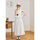 Zihan (ZIHAN) Zihan white round neck sleeveless pleated babydoll high waist pleated long skirt two-piece suit for women 2025 summer new style white S