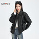 三福（SANFU）春季外套女2025新款立体口袋PU皮衣宽松百搭时尚夹克上衣女装 棕色- 薄款 S