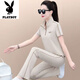 Playboy (Playboy) Mode-Set für Frauen 2025 Sommer neues modisches Alter reduziert schlankende Kurzschlämchen Top Wide Lein Hosen lässig zweiköpfig trendy schwarze Single-Hosen-Schauen Sie sich Bilder-Flaggschiff Modell 2xl _Suggiert 125-140jin [Jin gleich 0,5 kg]