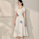 
ROEYSHOUSE new Chinese style embroidered dress for women 2025 summer new elegant round neck large hem skirt 12156 off white XL