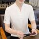 JEEP SPIRIT吉普冰丝短袖t恤男士新款男装中国风V领半袖夏季薄款中式盘扣体恤 E9871黑色 (冰丝滑料) 5XL