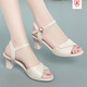 Moliana Mid-Heel Sandalen für Frauen 2025 Neuer Sommer vielseitiger dicker Fersenmund-Mund-Schuhe für Frauen Weiche einzige schwarze Standardgröße 35