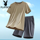 花花公子（PLAYBOY）冰|丝短袖T恤短裤两件套男士夏季中老年爸爸速干宽松运动休闲套装 HQTLJ9905YH+CY2502YH黑色+黑色 2XL