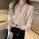 2025 Women's White V-neck Satin Shirt Workplace Commuter Interior Suit High-end Top Professional Outfit White Shirt 675 Apricot Color [V-neck] L Recommended [110-120Jin [Jin equals 0.5 kg]]