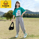 G.DuckKids Girls Suit à manches courtes 2025 Nouveau Spring and Summer Casual Voly Volydold Color imprimé mince à manches courte à manches vertes Top vert + pantalon gris 677 110