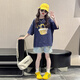 Mokitoul Girls Summer Anzug Set 2025 neue Mädchen modische Kurzarm Kinder Sommer-Denim Shorts zweiteilige Set Aprikosen-T (High-End-Geschenkboxverpackung) 120 cm