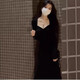 Rongxitu Temperament Square Kragen Kordelstring Taille Kleid für Frauen Schlanker fit gefaltes Langarm 2025 Herbst Schwarz*844 xl