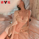 
Yalu high-end sexy big breasts showing small underwear for women's small breasts summer thin bra French pure lace no-ring bra Apricot color (set) M (34/75ABC cup)