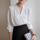 
2025 Women's White V-neck Satin Shirt Workplace Commuter Interior Suit High-end Top Professional Outfit White Shirt 675 White [V-neck] 3XL Recommended [140-150Jin [Jin equals 0.5 kg]]