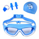 He Jiagong children's swimming goggles waterproof and anti-fog high-definition large frame boys' diving equipment girls' swimming goggles and swimming cap set 80 square meters white lake blue swimming goggles + PU swimming cap + nose clip earplugs