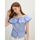 
Fan Silann can wear ruffled ruffles for two goddess-sensual slim short-sleeved shirt for women in summer 2025 new design top 2690 bright silk blue stripes M